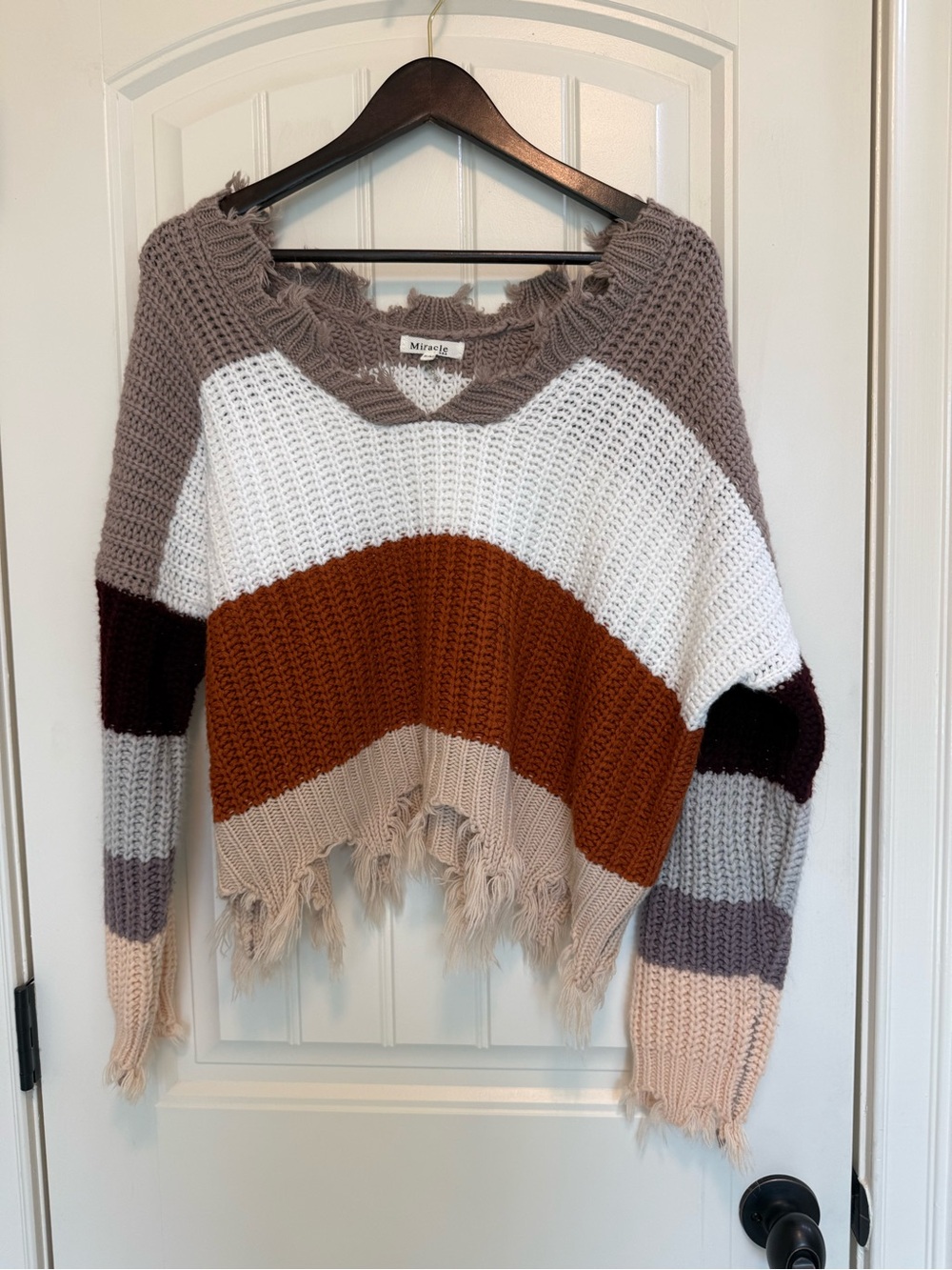 Miracle Colorblock Frayed-Hem Crewneck Sweater - Taupe/White/Rust/Plum/Blush